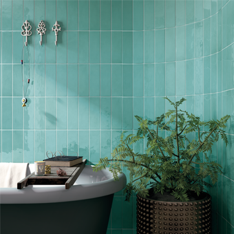 equipe village teal subway tile on bathroom wall