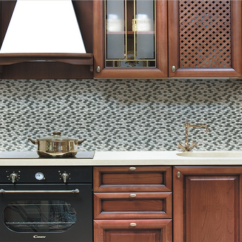 Small format glass tile in white, black, and chrome tile chips. Perfect for backsplashes as the glass makes cleaning easy with one wipe!